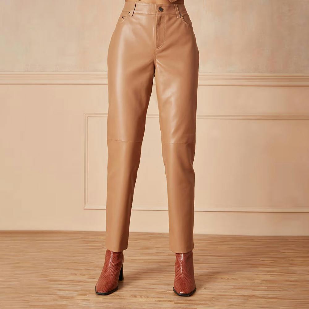 Beige Faux Leather Pants