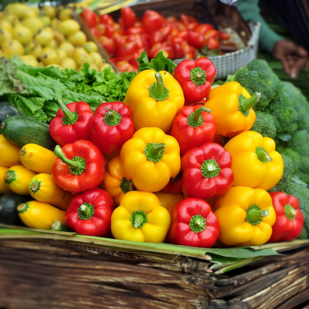 Food,Yellow pepper,Plant,Bell pepper,Ingredient,Red bell pepper,Natural foods,Staple food,Cuisine,Yellow