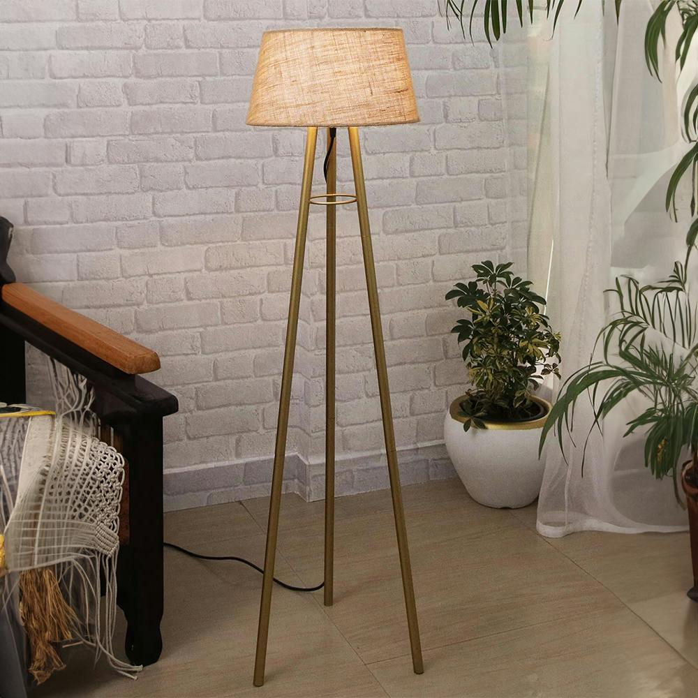 Metal Tripod Floor Lamp Gold Straight Jute