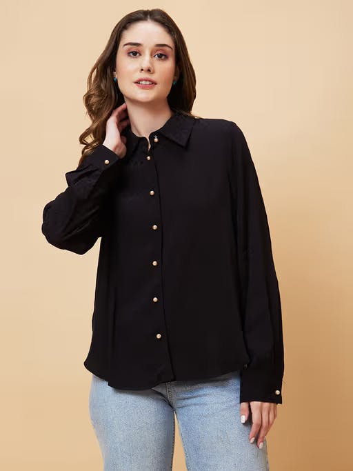 Women Black Self Design Oversized Shirt Style Shirt