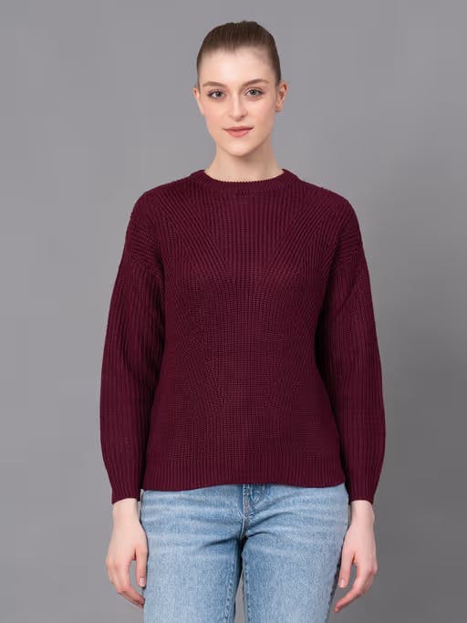 Wine Acrylic Knitted Womens Sweater