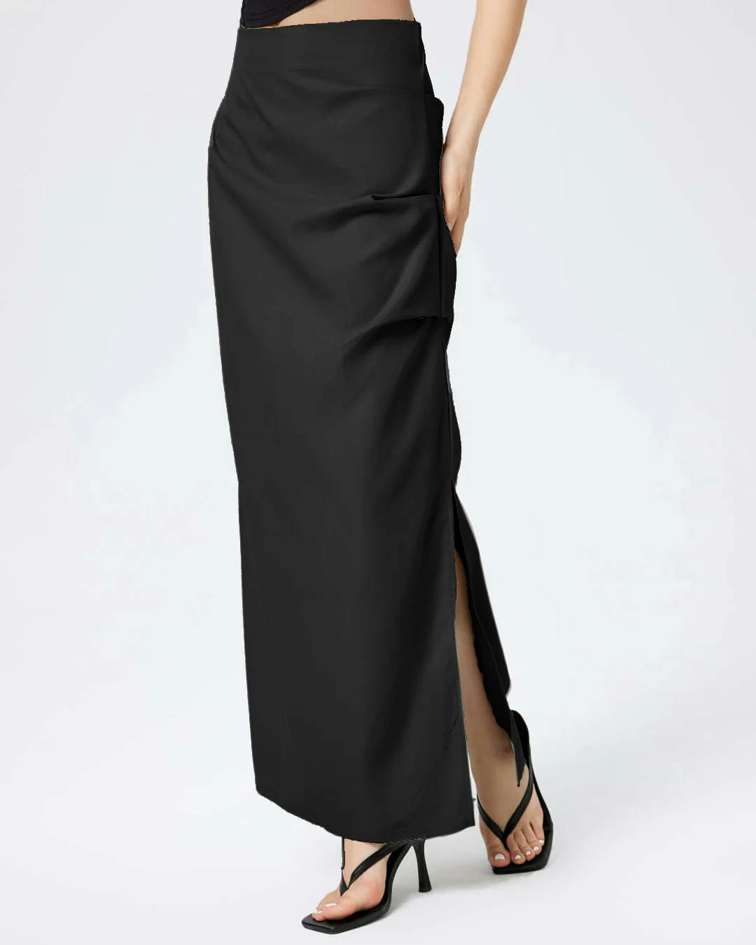 High Waist Ruched Asymmetrical Side Slit Skirt