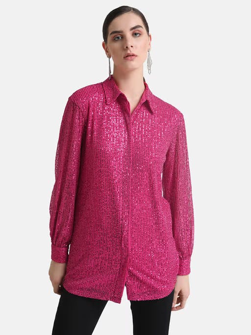 Janhvi Kapoor Hot Pink Sequin Collar Shirt Long Sleeves