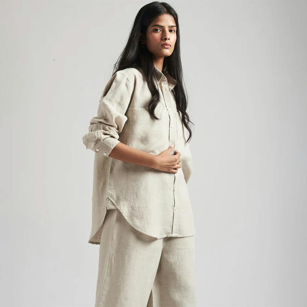 Saphed Undyed Linen Oversized Pocket Shirt