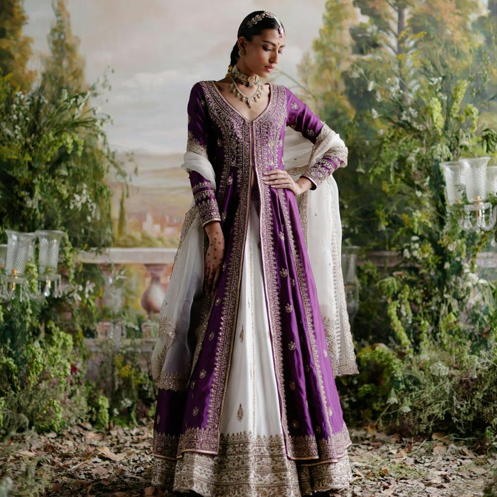 Purple Jacket with Ivory Lehenga and Dupatta (Set of 3)