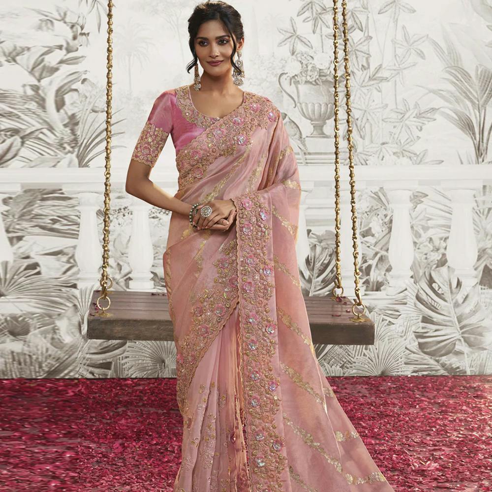 Gulabi Pink Heavy Embroidered Designer Silk Saree