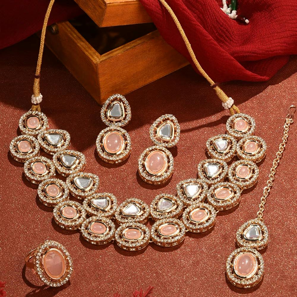 Peach Layered Stones AD Necklace Earring Maang Tikka Ring Set - ZPFK16489