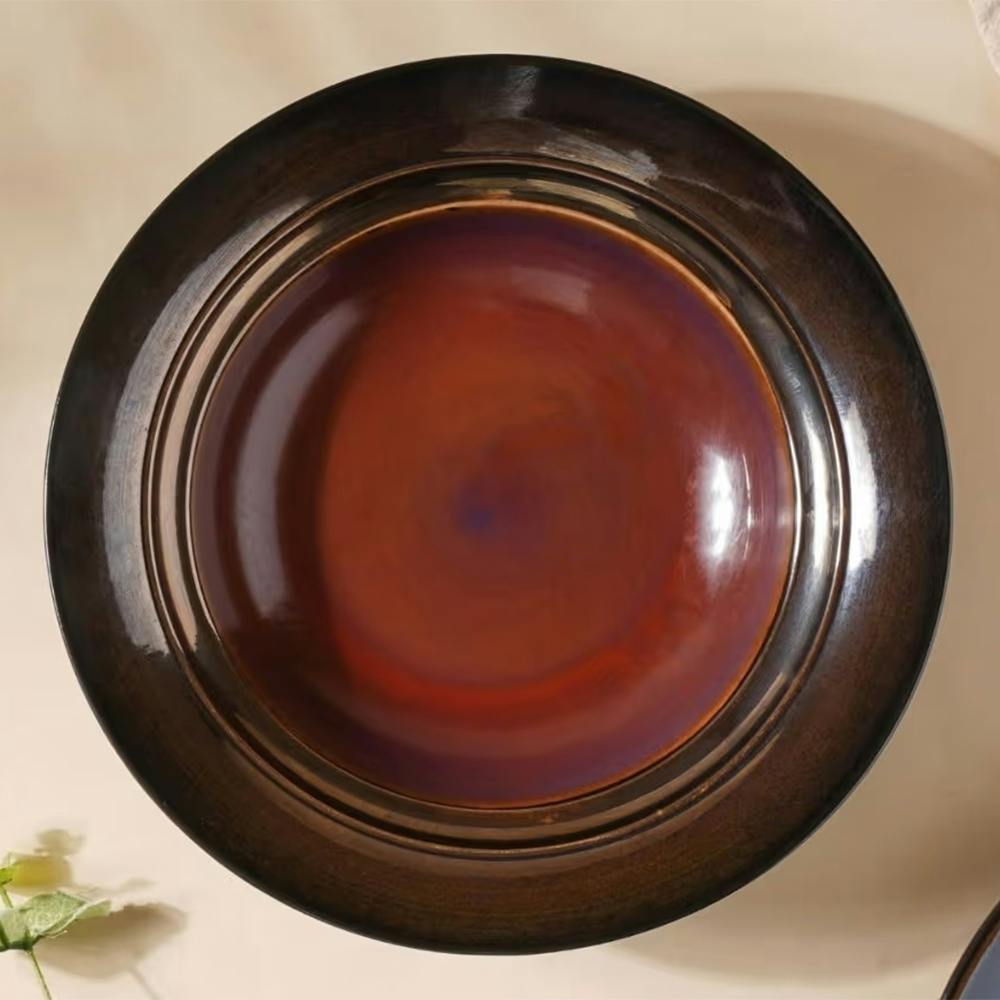 Black & Brown Food-Safe Glazed Premium Ceramic Pasta Plate Microwave-Safe 9-Inch