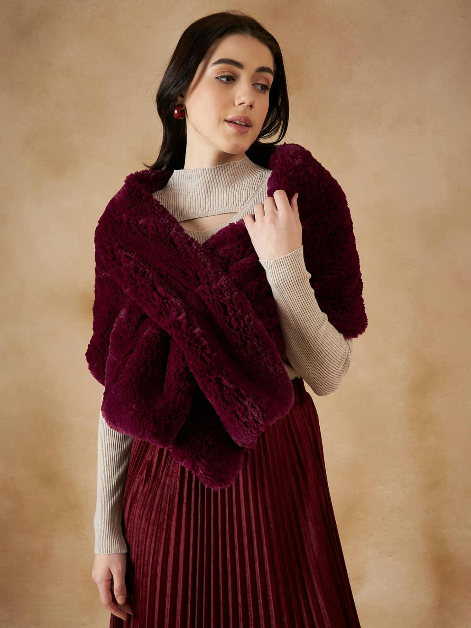 Burgundy Long Faux Fur Cape Poncho