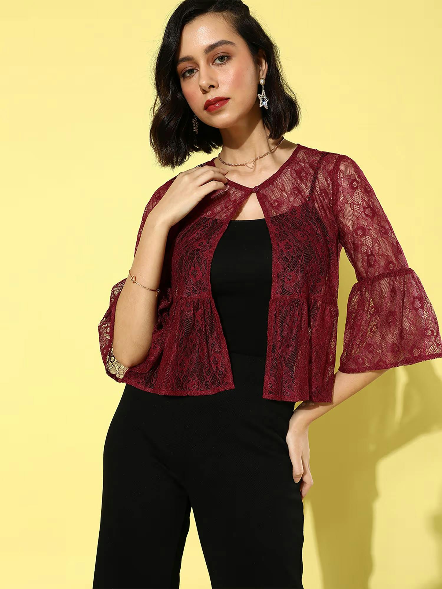 Style Quotient Maroon Self Design Shrug