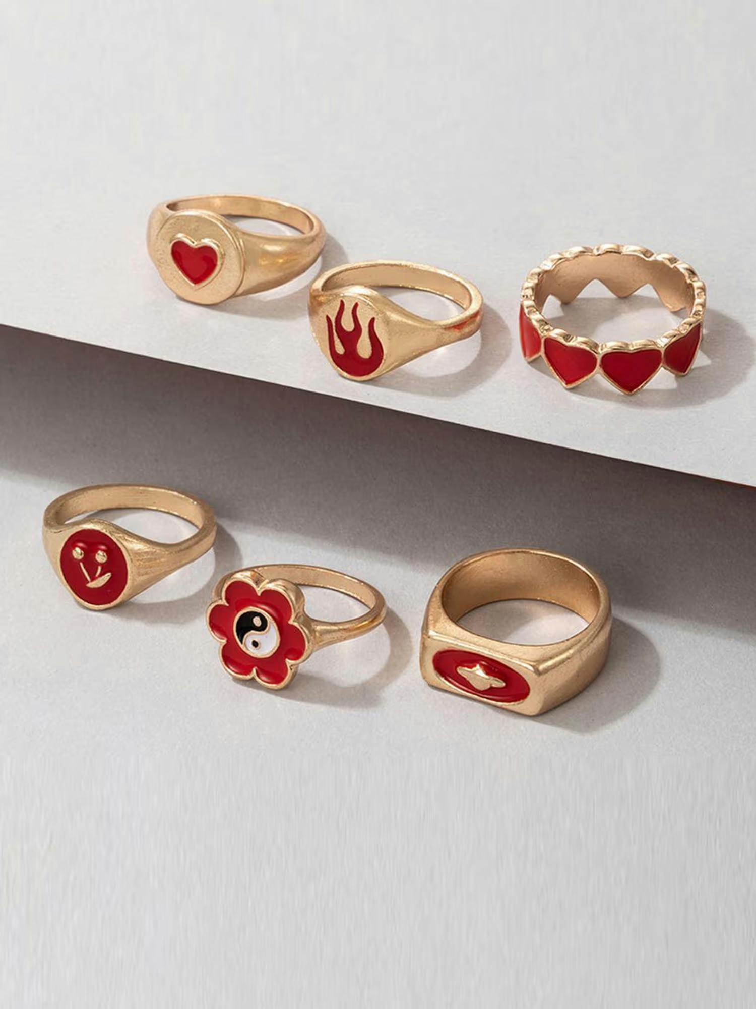 Jewels Galaxy Gold Plated Red Rings Combo (Set of 6)