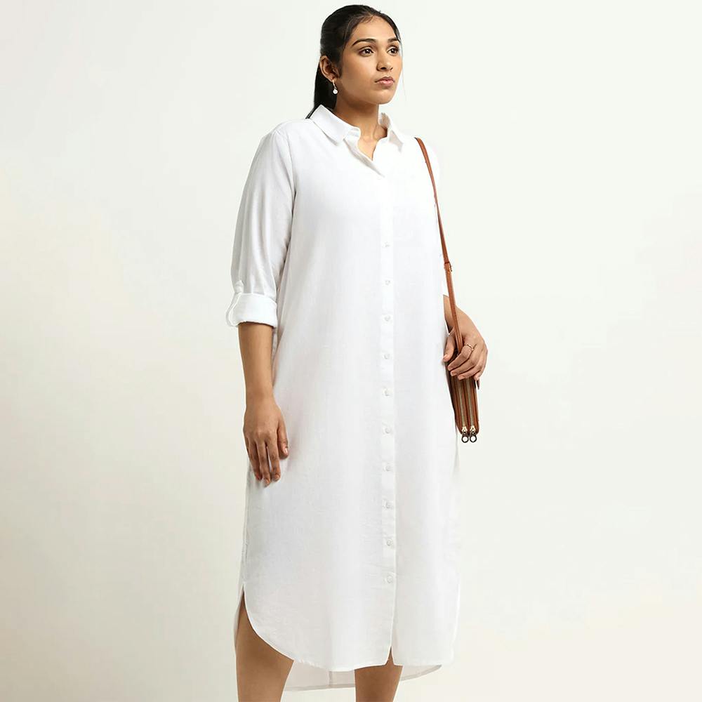 Gia Solid White Blended Linen Shirt Dress