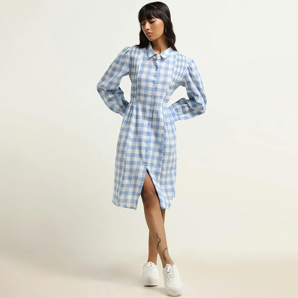 Bombay Paisley Blue Checkered Cotton Shirt Dress