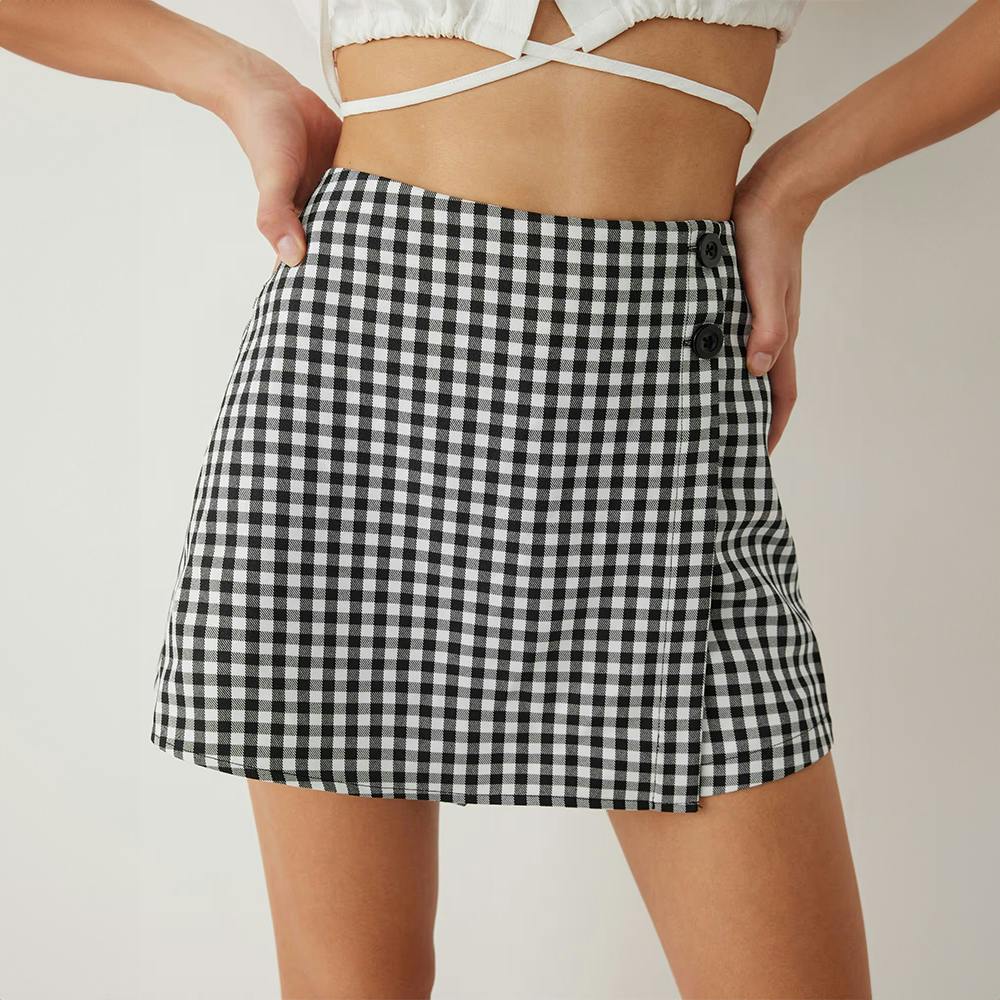 Check High Waist Button Mini Skort