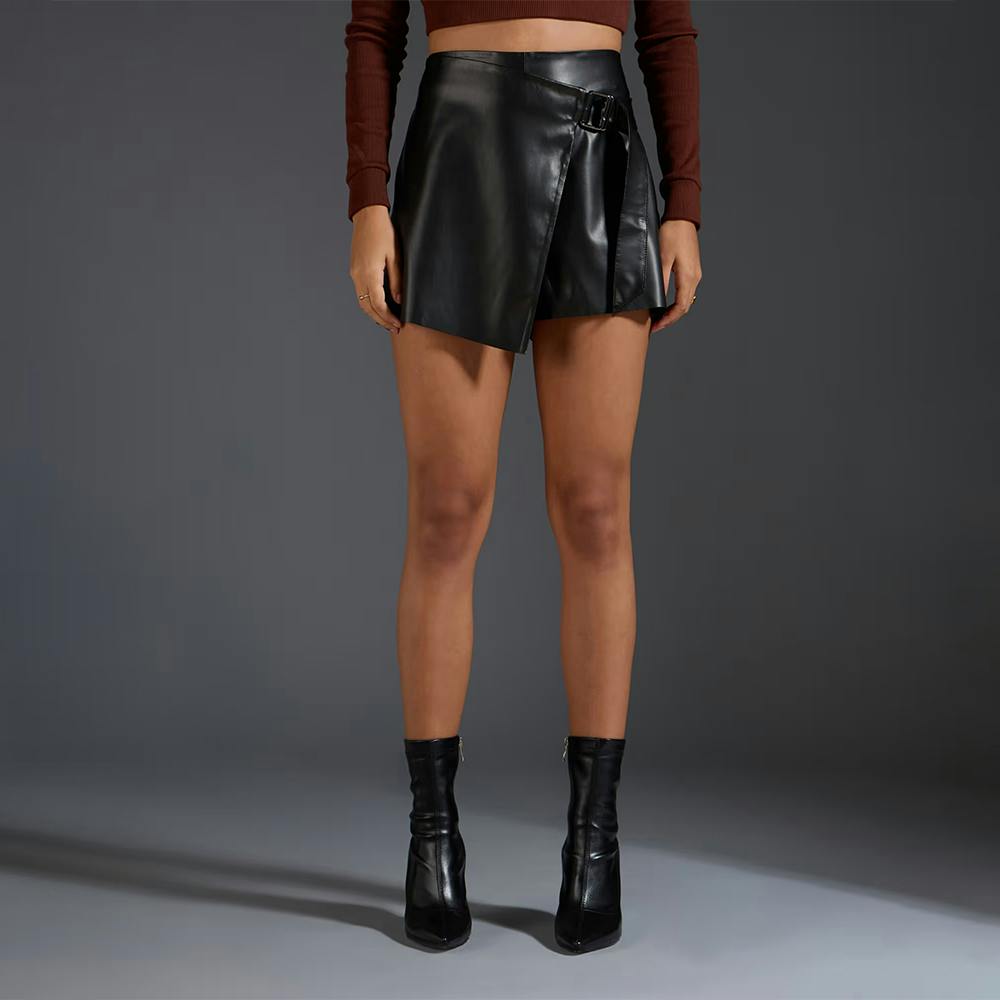 Black Solid Faux Leather Wrap Skort