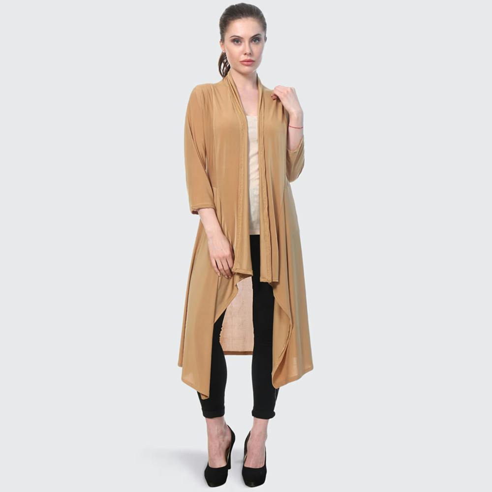 Beige Plain Hosiery Lycra Long Shrug For Women