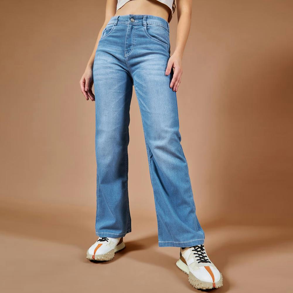 Womens Light Blue Wide-Leg Mid Rise Regular Length Denim Jeans