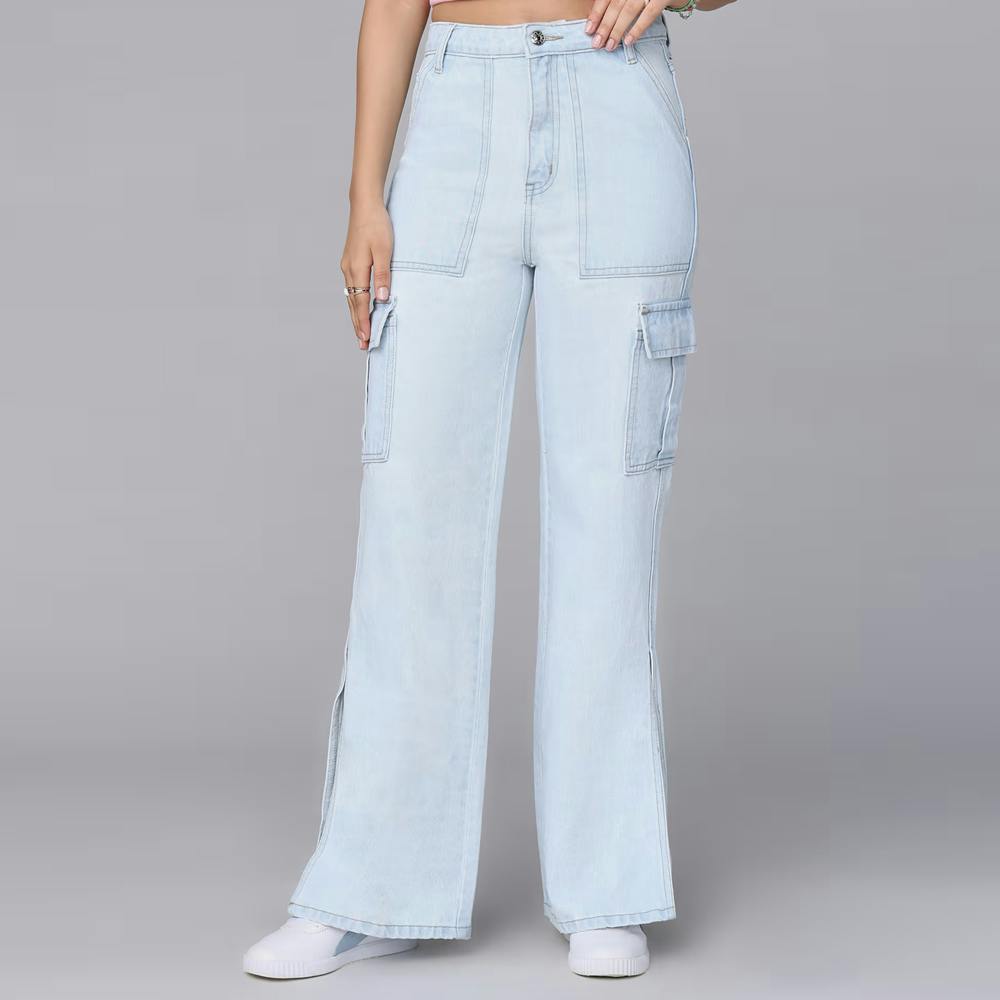 Light Blue Straight Fit Patchwork High Waist Denims