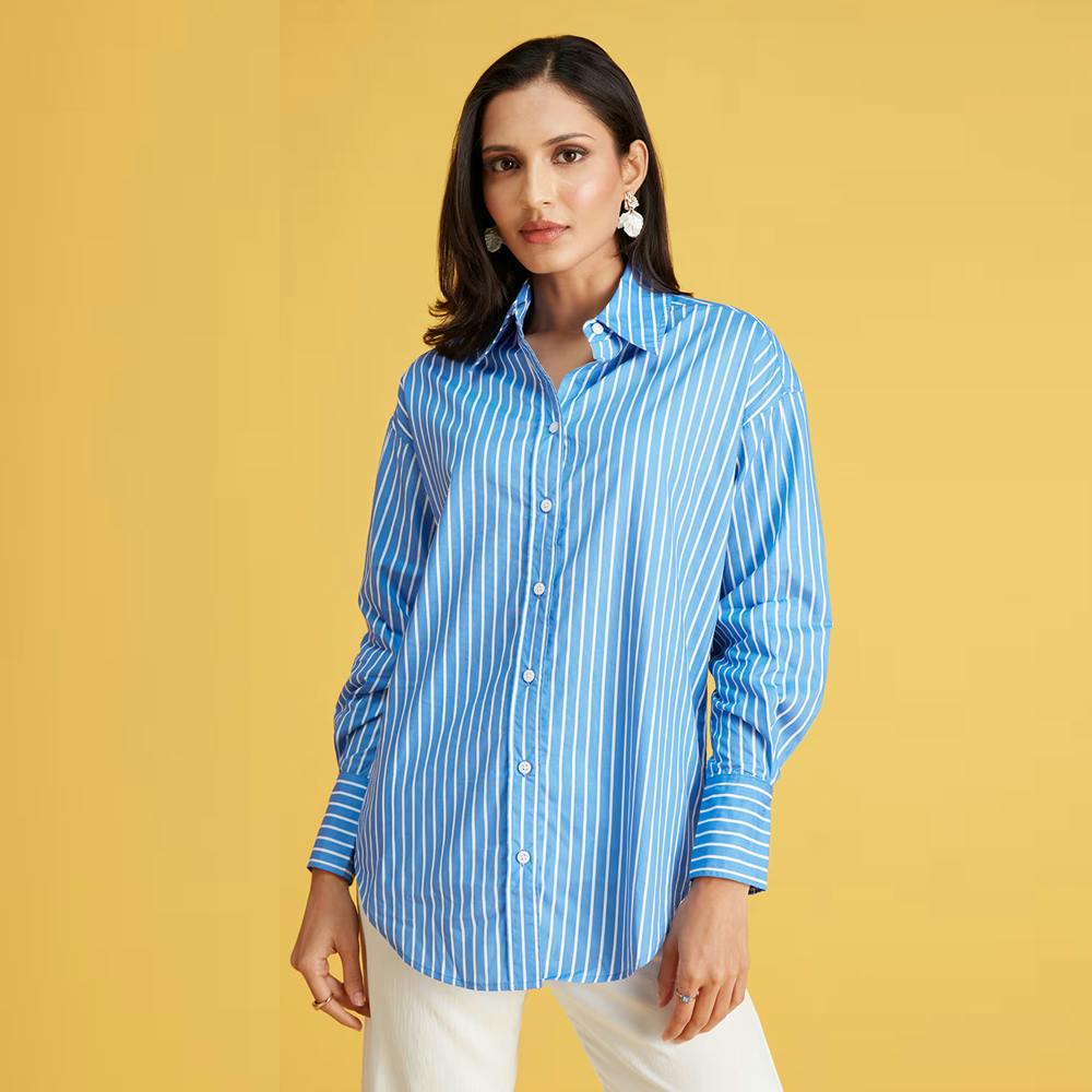 Blue And White Striped Full Sleeves Cotton Shirt