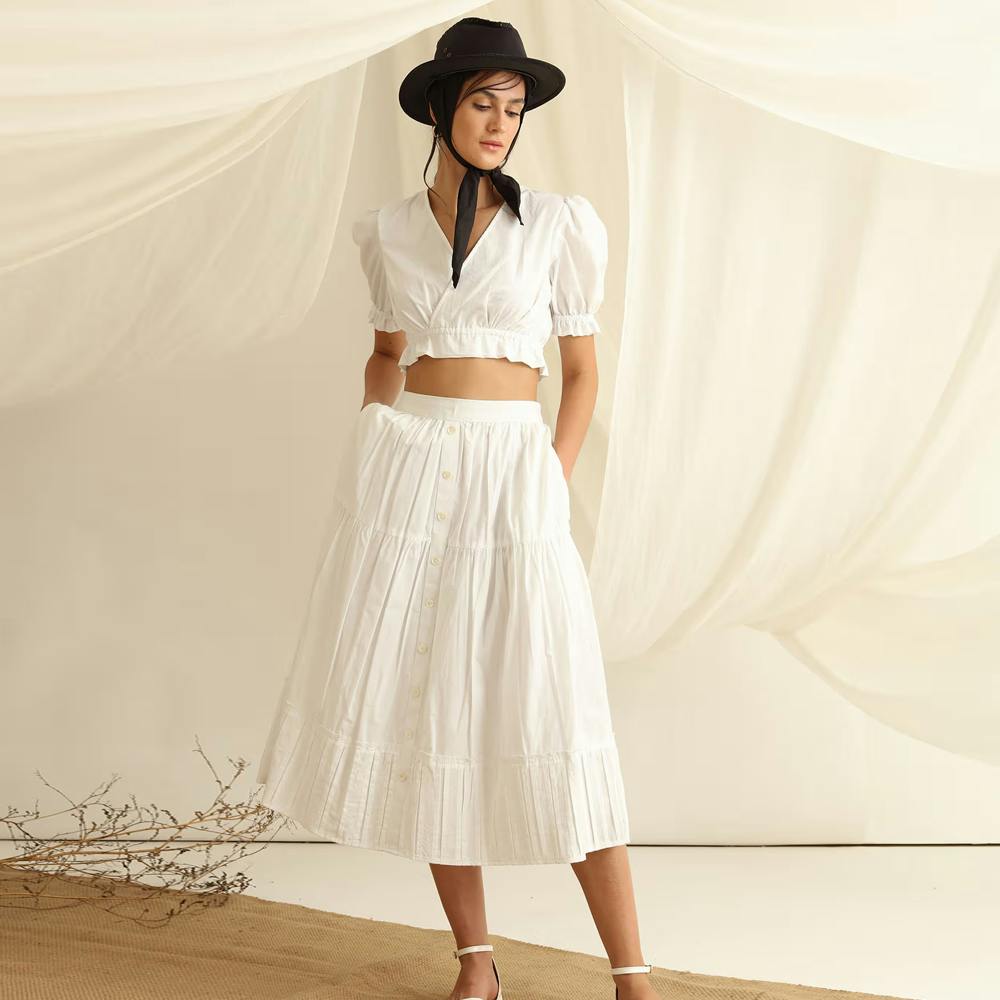 Button Down Pleated Hem Tiered Skirt