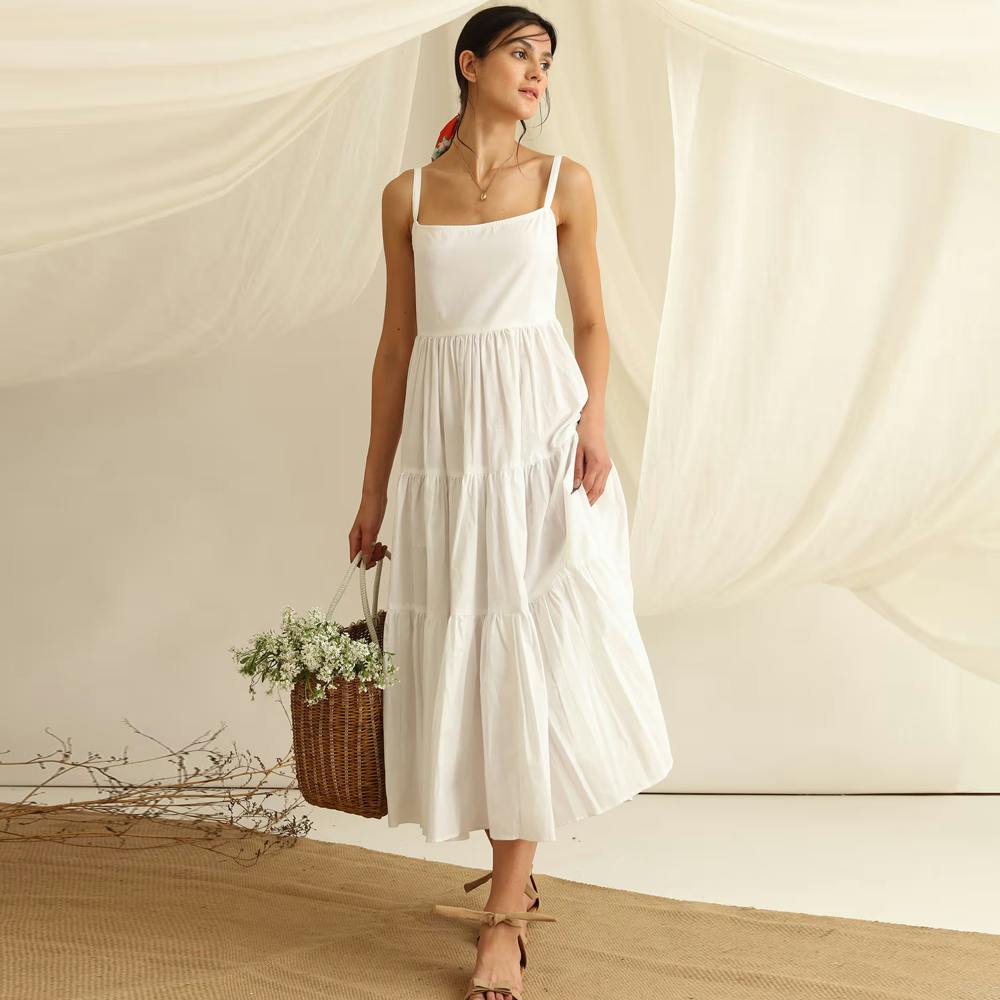 Strappy Tiered Cotton Poplin Maxi Dress