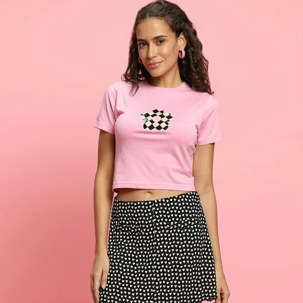 Pink Graphic Crop Tops