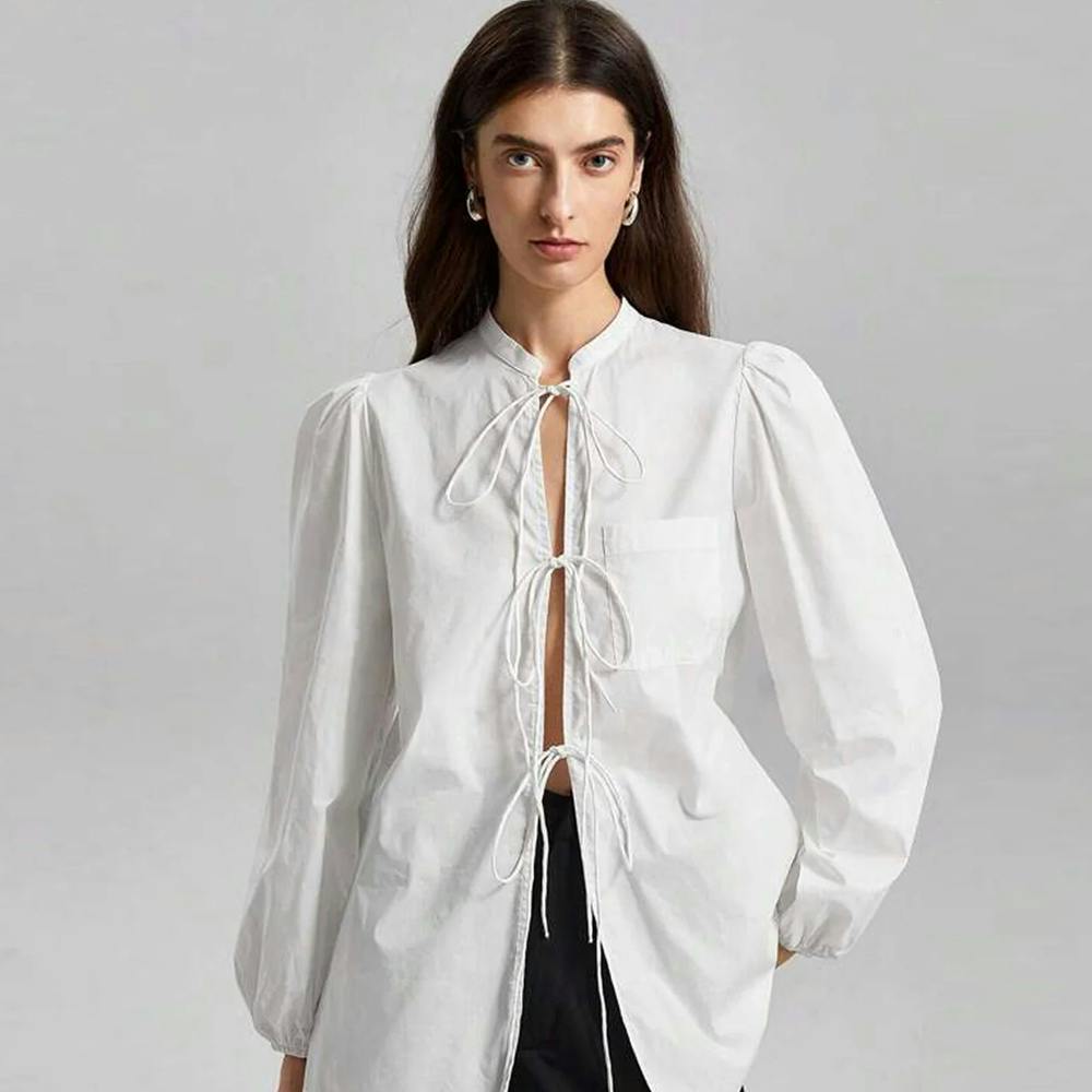 Tie Front Long Sleeve White Cotton Shirt