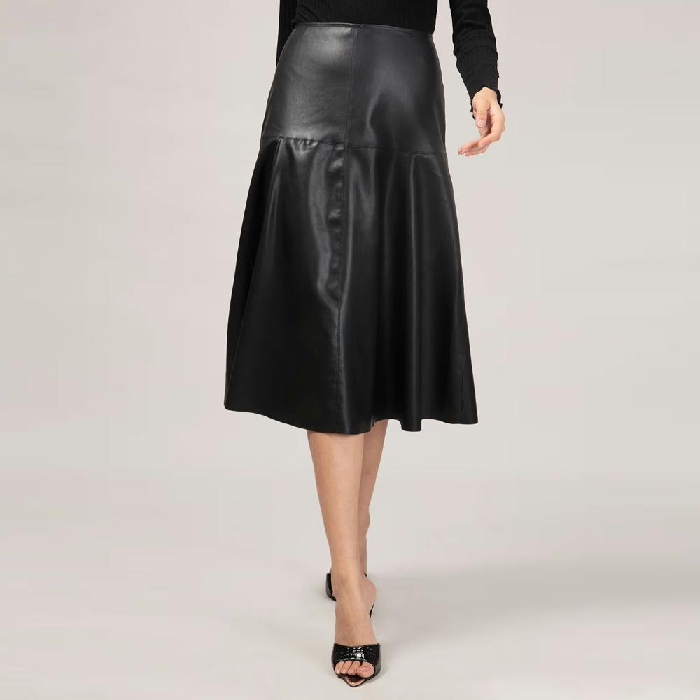 Black Fit And Flare Faux Leather Midi Skirt