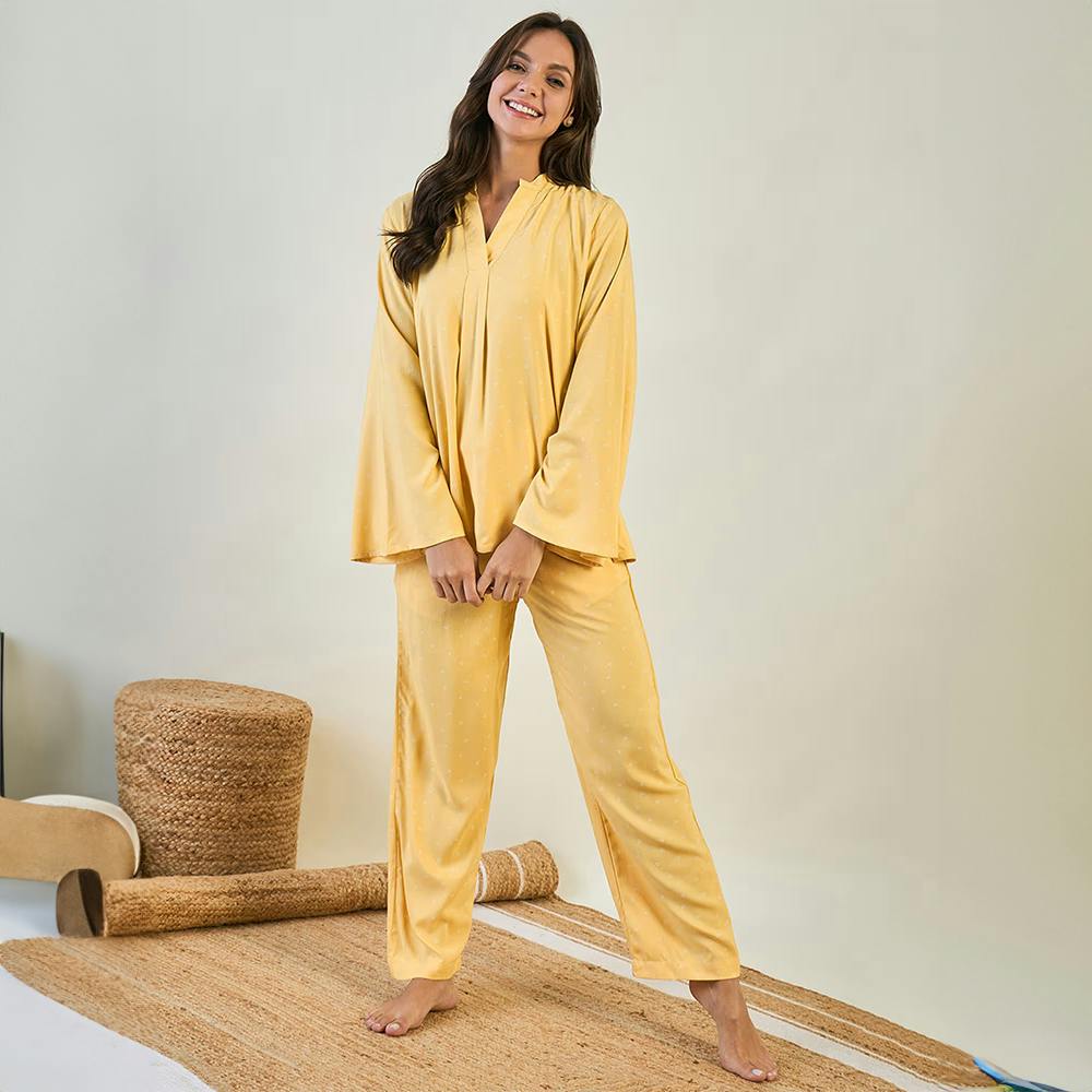 The Kaftan Company Yellow Printed Mandarin Neck Top With Pyjama