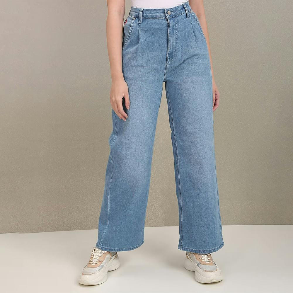 Light Blue High Rise Pleated Wide Leg Jeans