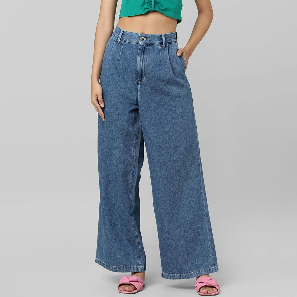 Blue Low Waist Pleated Wide Leg Jeans