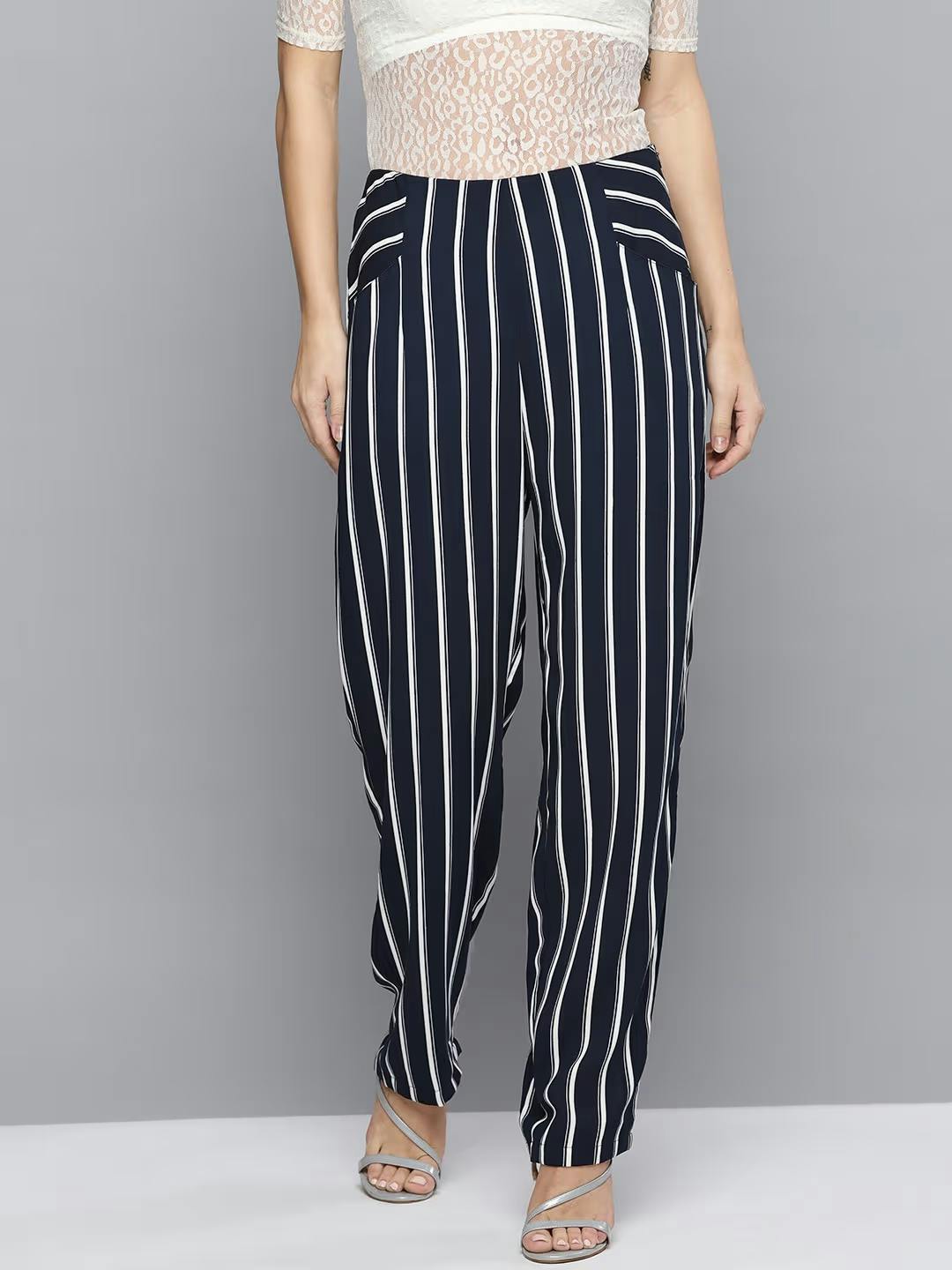 Women Navy Blue Colour Striped Regular Trouser