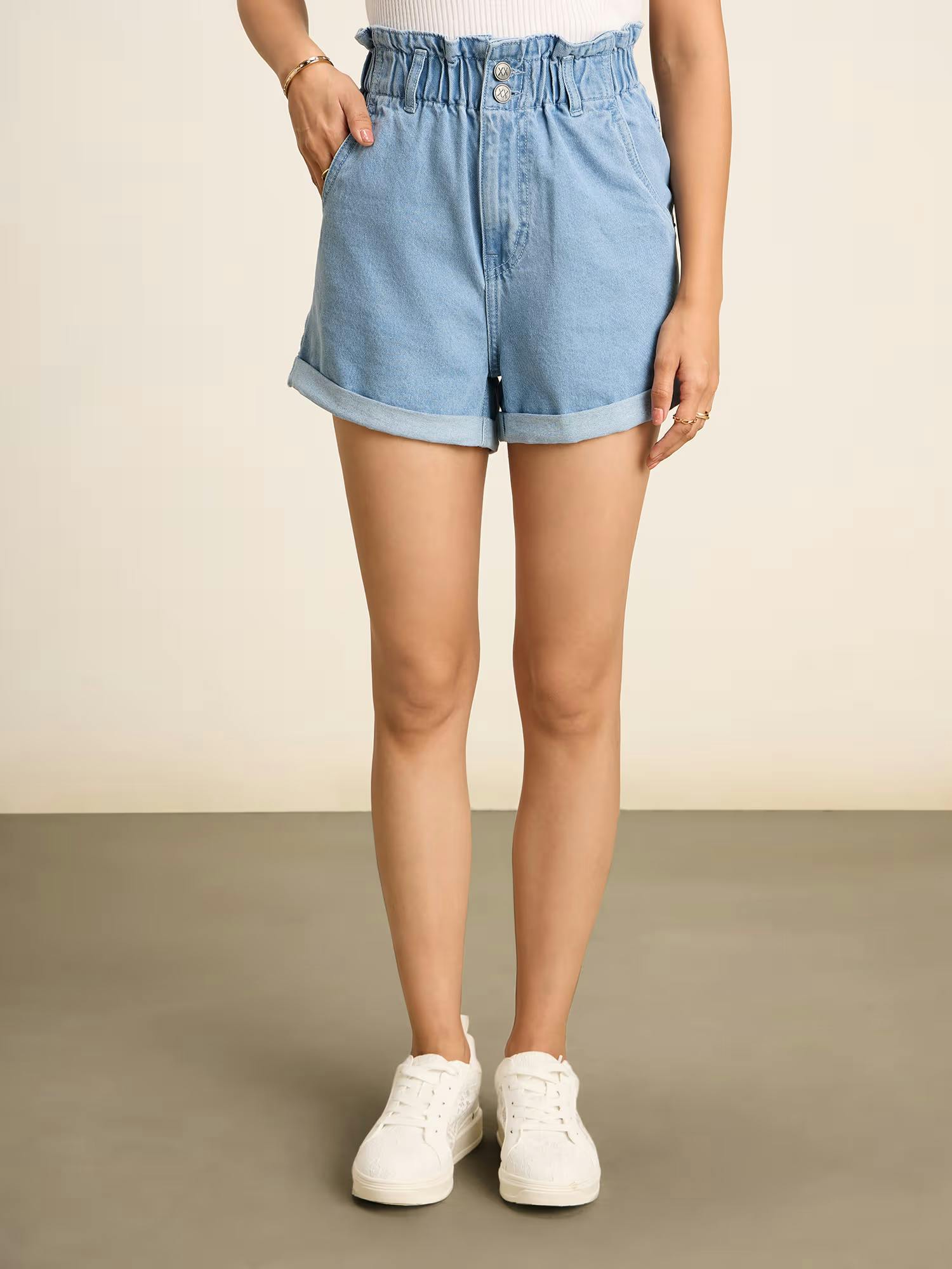 Mid Blue Solid Elasticated Denim Shorts