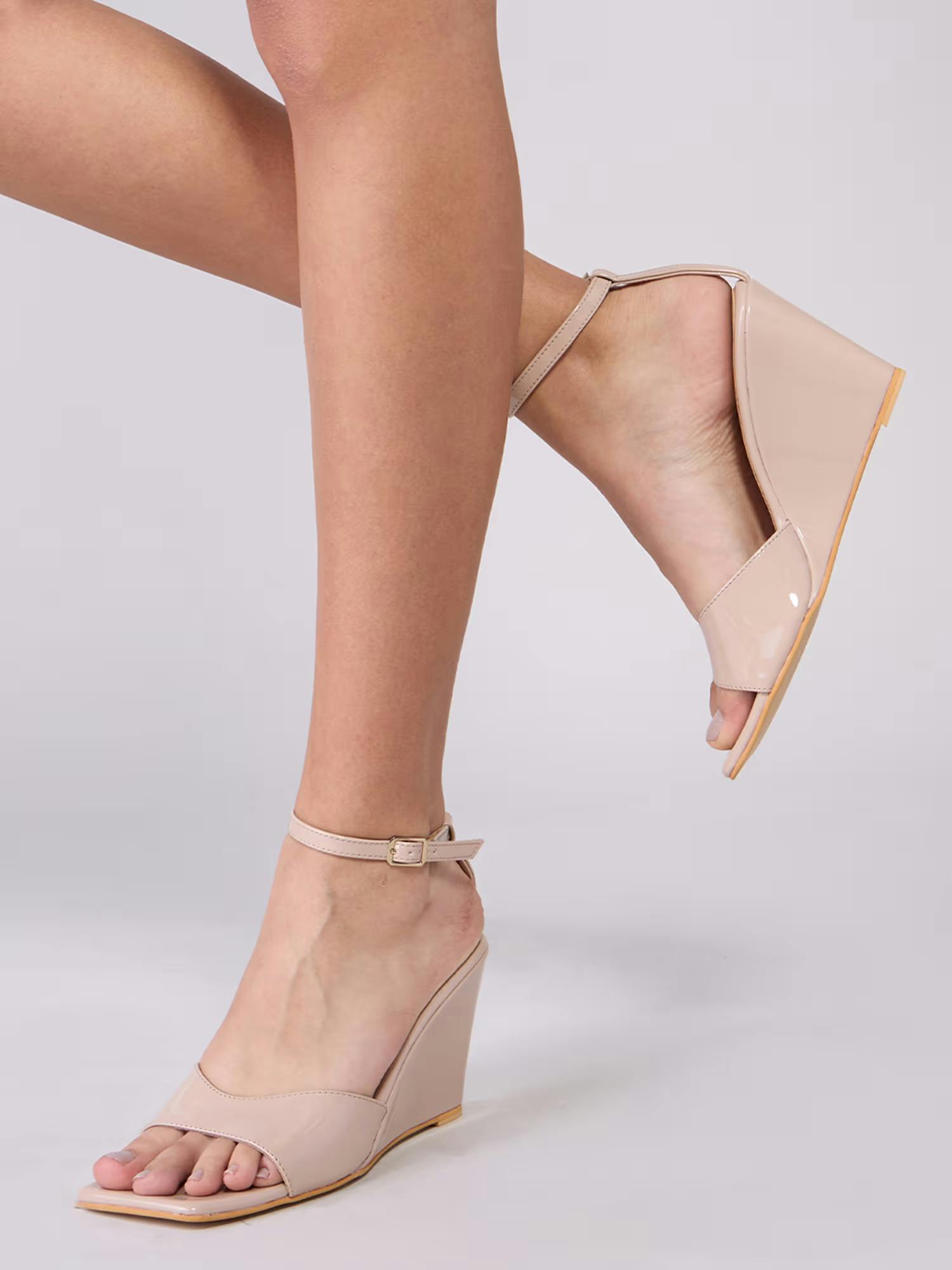 Nude Square Toe Ankle Strap Party Wedges