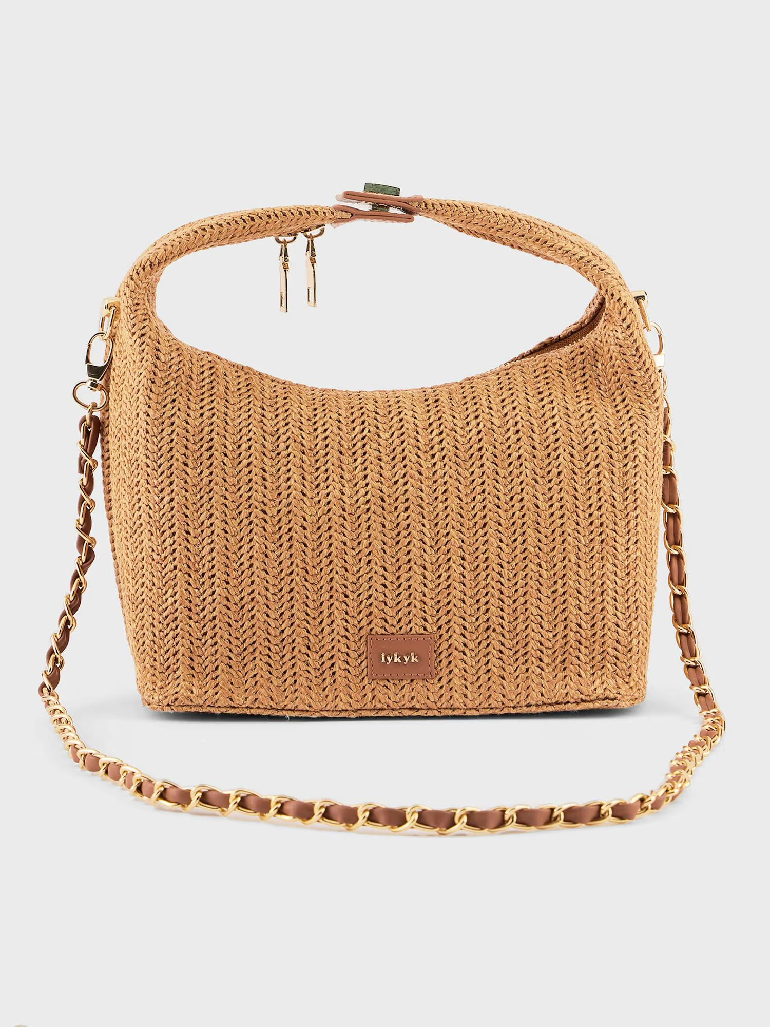 Brown Raffia Top Handle Sling Bag