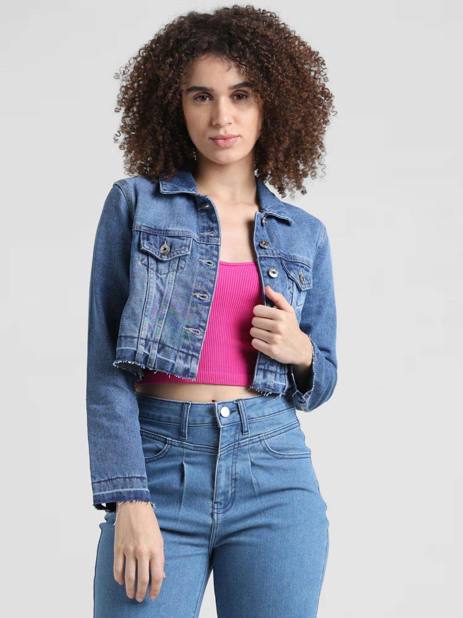 Blue Raw-Edge Cropped Denim Jacket