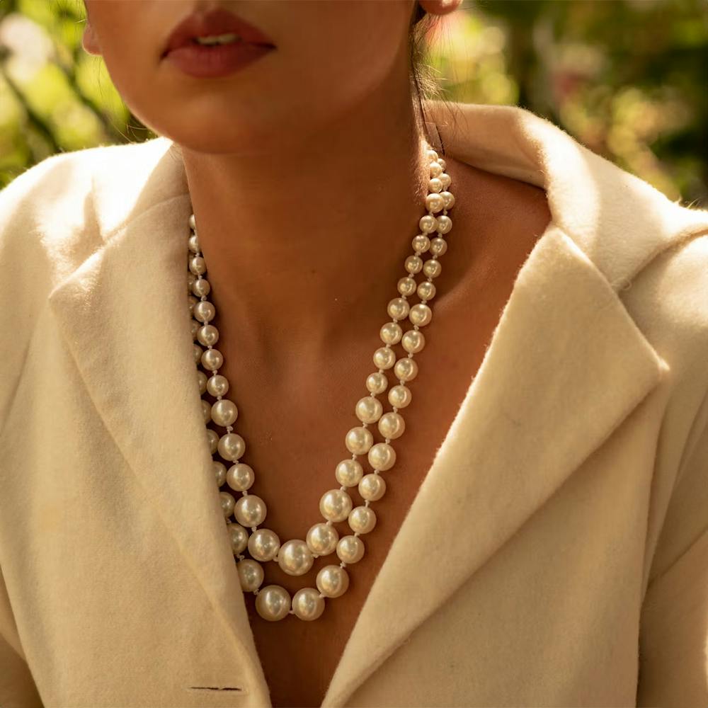 White Pearl Beaded Layered Necklace