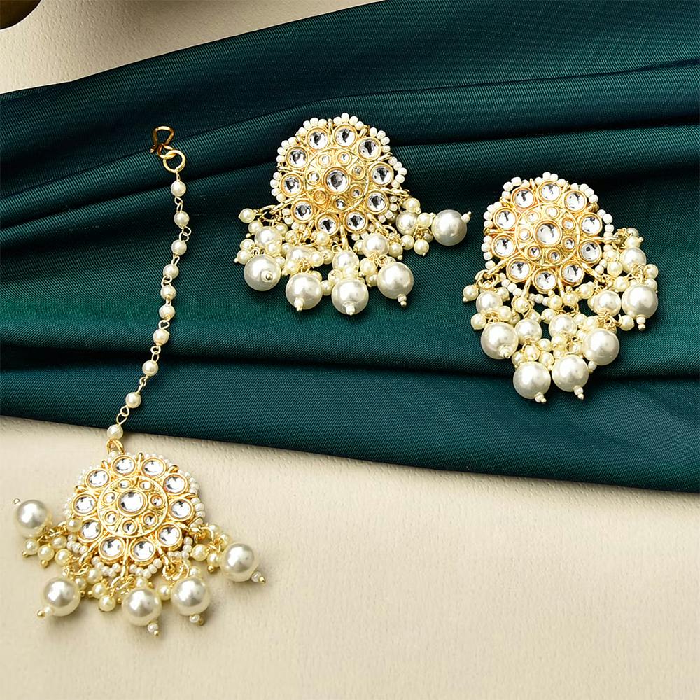 Wedding Gold Ethnic Kundan Pearl Earrings & Maang Tikka Set