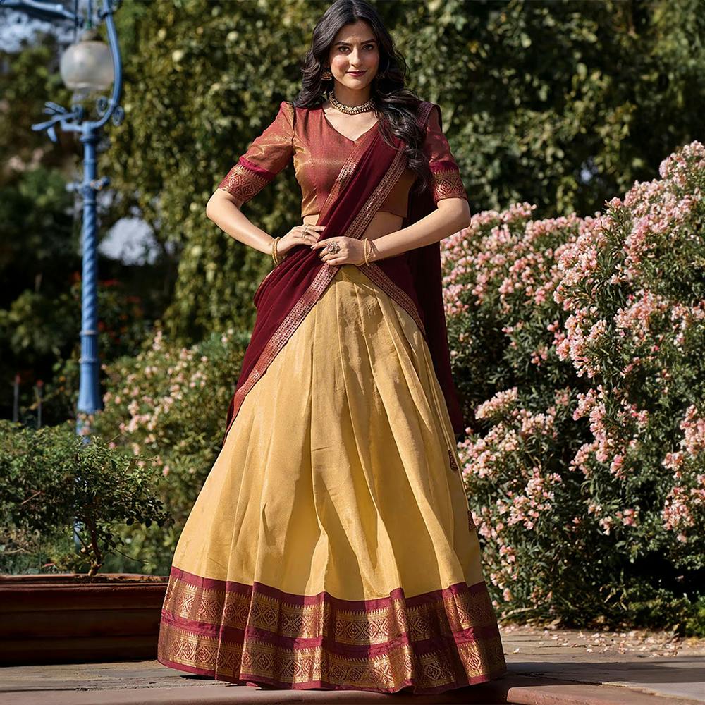 South-Style Cream Kanchipuram Silk Lehenga & Unstitched Blouse With Dupatta