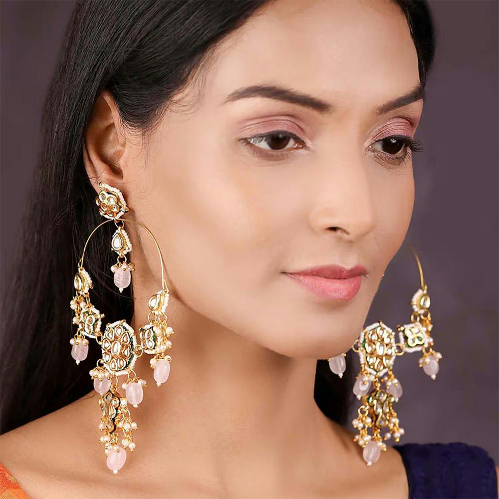 Pearls Beads Kundan Gold Plated Drop Earrings