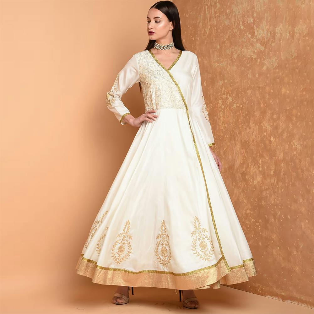 Off-White Silk Embroidered Anarkali Dress