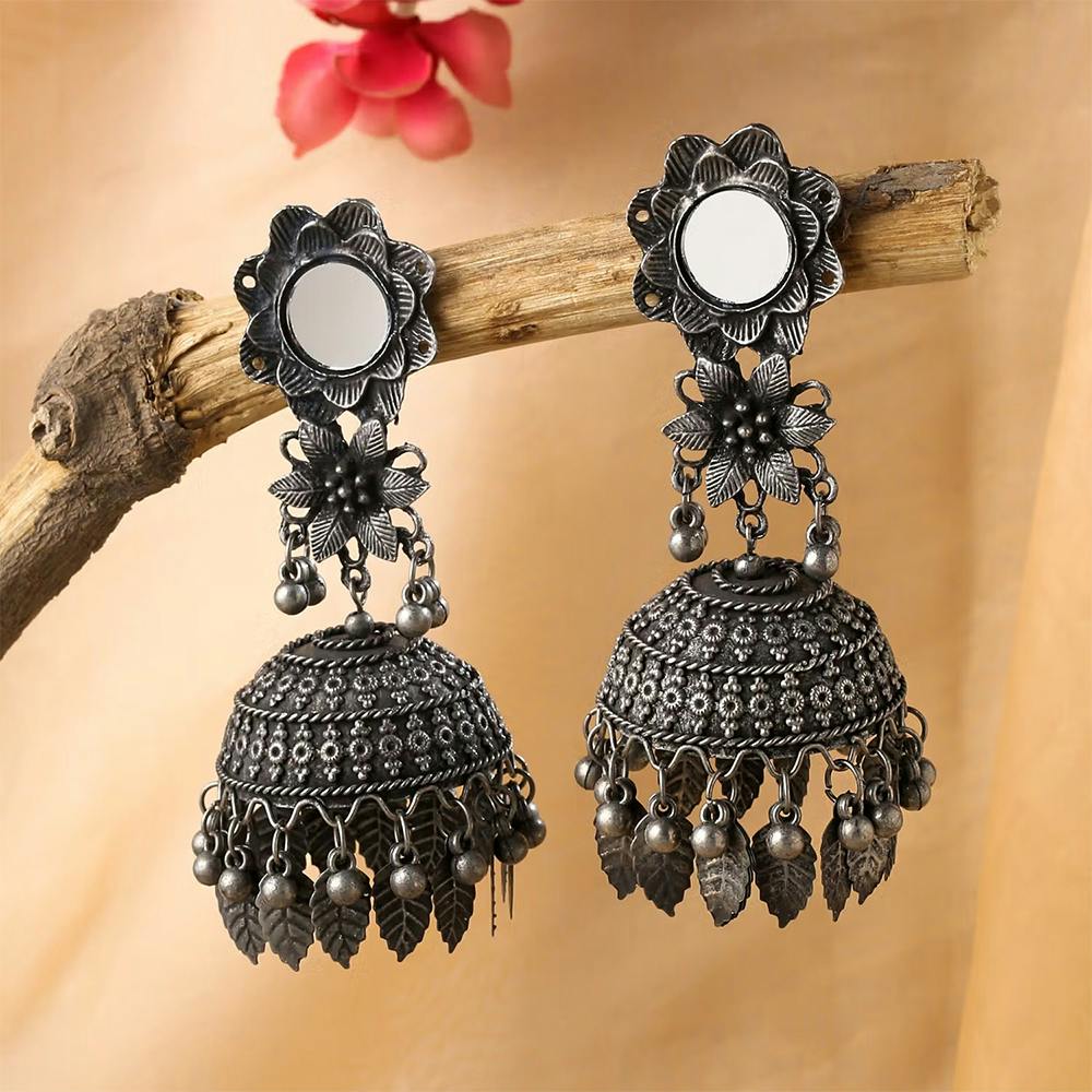 Silver - Toned Oxidised Mirror Work Contemporary Earrings