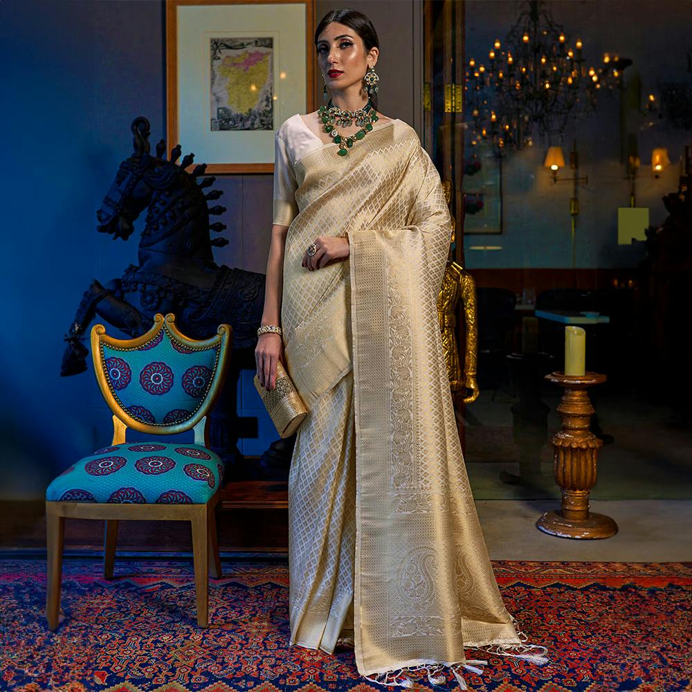 Off White Traditional Weaving Kanjivaram Silk Designer