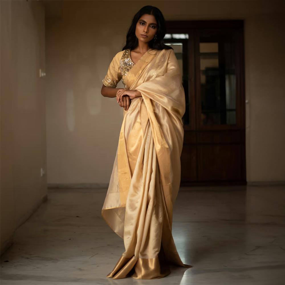 Lopa Beige Silk Chanderi Saree With Unstitched Blouse