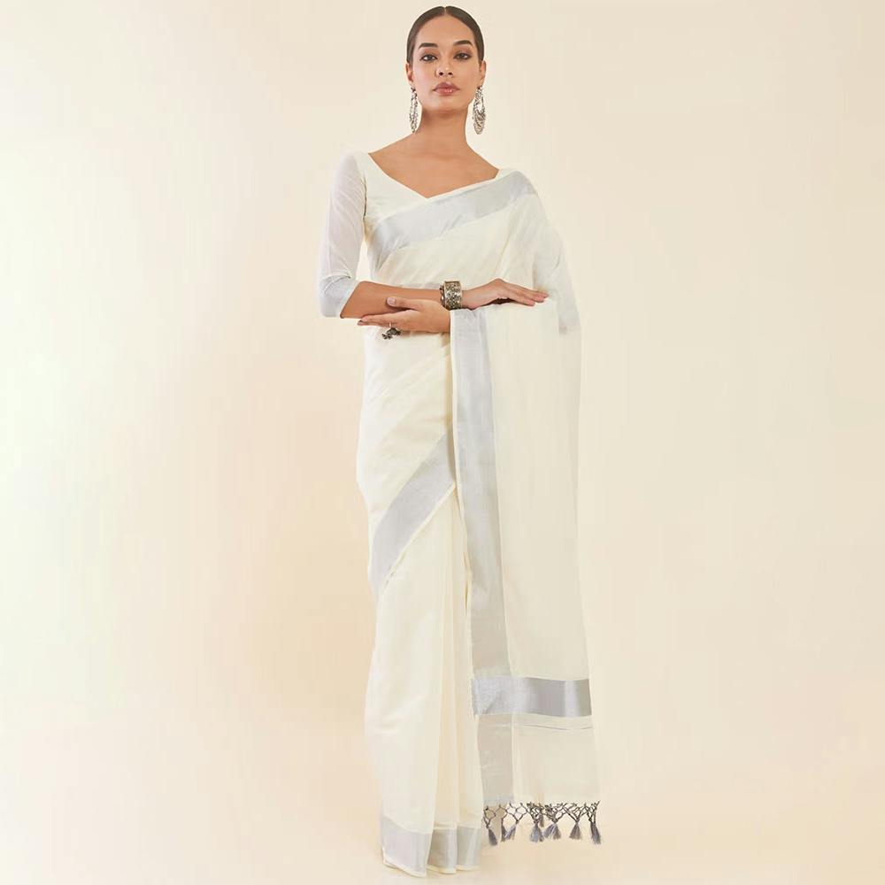 Off White Cotton Kasavu Saree With Silver Zari Woven Borders & Unstitched Blouse