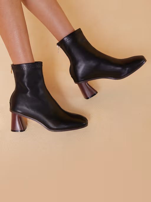 Black Ankle Length Square Block Heel Boots