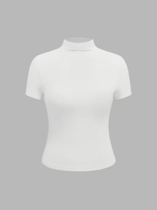 White Contour Double Layered High Neck Solid Short Sleeve Top