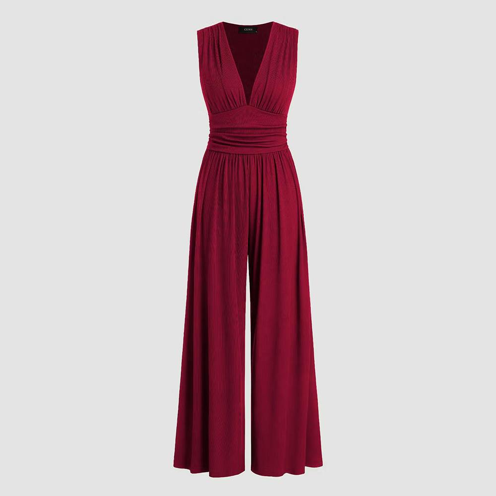 Maroon V-Neck Ruched Solid Wide Leg Jumpsuit