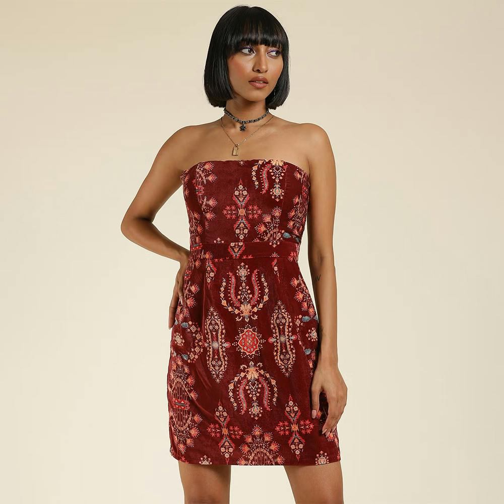 Wine Printed Short Dress