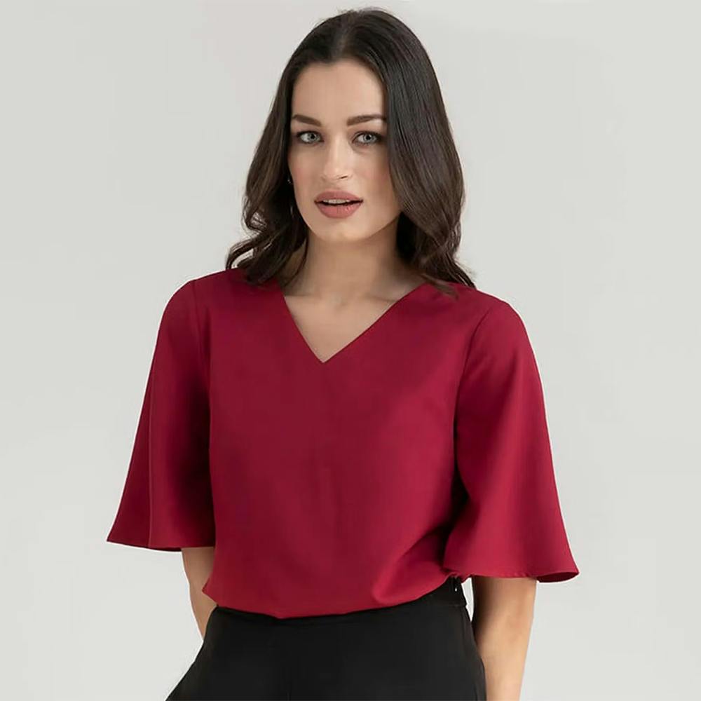 Red Solid V-Neck Top